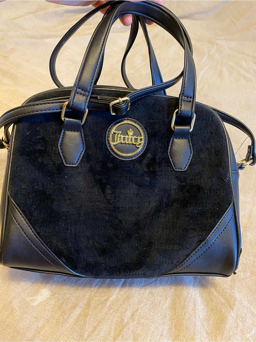 Juicy Couture Black Velour "If The Crown Fits" Bowling Bag Satchel Y2K Crossbody